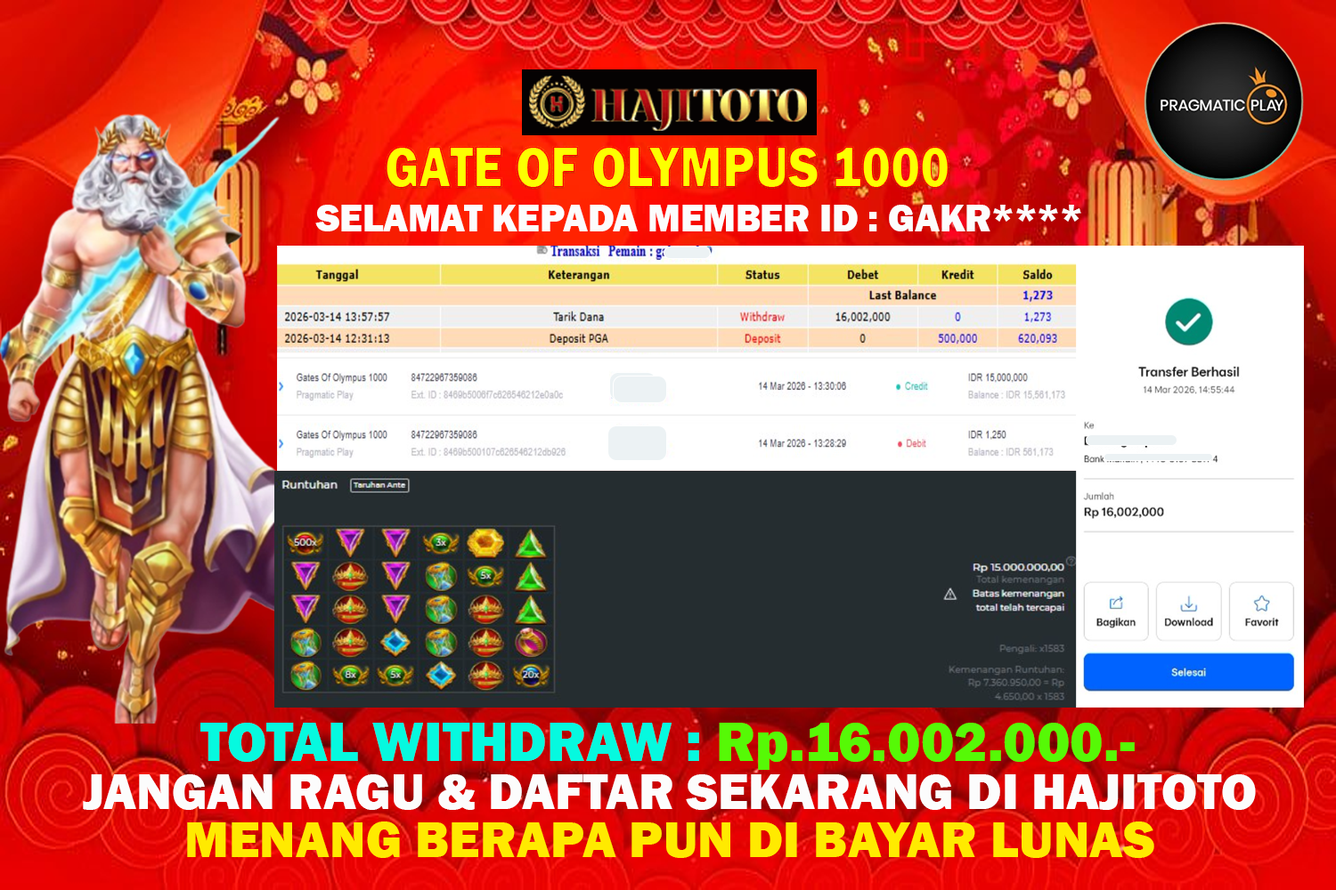 SELAMAT KEPADA PEMENANG MEMBER MERAIH JACKPOT DI GAME GATE OF OLYMPUS 1000 TOTAL RP 16.002.000 DI BAYAR LUNAS